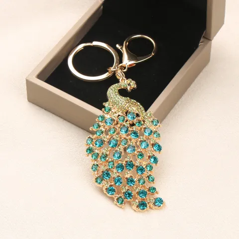 Vintage Legering Pauw Sleutelhanger Luxe Strass Ingelegde Sleutelring Mode Tashanger Hanger Sieraden Accessoire Cadeau Vrouwen