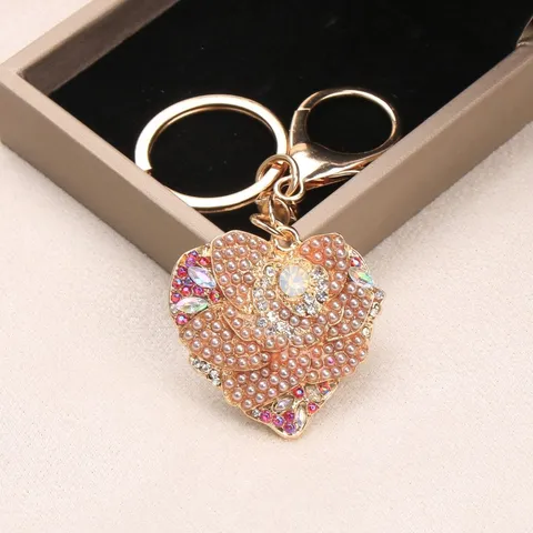 Creative Rhinestone Heart Keychain Rose Flower Pattern Artificial Pearl Bag Pendant Zinc Alloy Key Ring For Women Gift