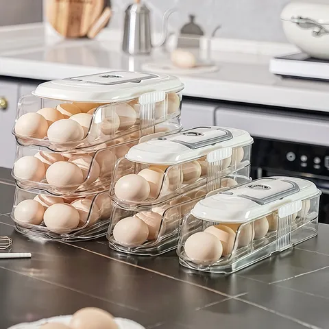 Caja de Almacenamiento de Huevos con Rodamiento para Refrigerador Bandeja de Soporte para Huevos por Gravedad Multicapa Con Temporizador de Fecha Organizador de Cocina Estuche de Conservación