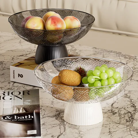 Frutero Redondo Moderno de Lujo Ligero Bandeja para Aperitivos con Relieve Geométrico y Diseño de Pie Alto para Hogar