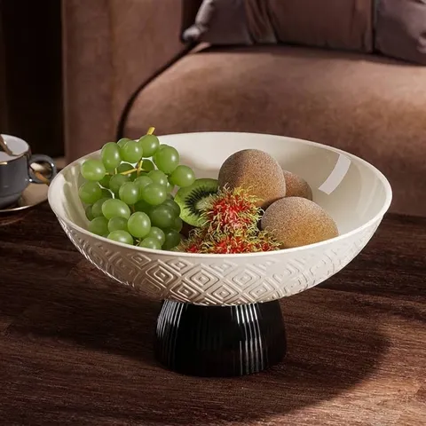 Frutero Redondo Moderno de Lujo Ligero Bandeja para Aperitivos con Relieve Geométrico y Diseño de Pie Alto para Hogar