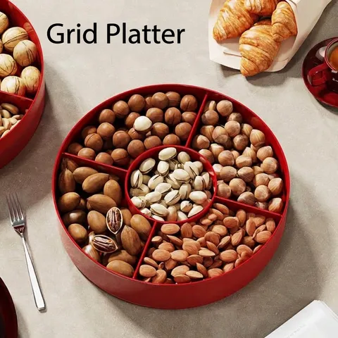 Chinese Style Divided Fruit Plate Red Plastic Stackable Candy Box For Living Room Snacks Nut Storage Tray Home Decoration