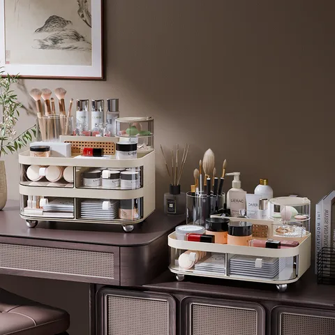 Large Multi-Functional Cosmetic Storage Box Rotatable Makeup Brush Holder Cream Desktop Organizer With Drawers For Dressing Table Bathroom Vanity Case