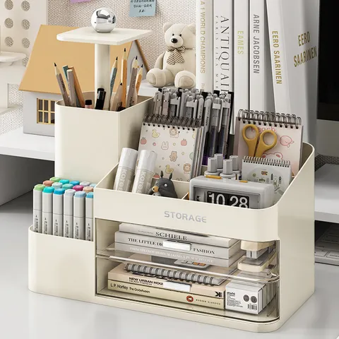 Caja de Almacenamiento de Papelería de Escritorio Con Portalápices Elevable Y Cajones Transparentes Gran Capacidad Organizador de Escritorio de Múltiples Rejillas Para Oficina Estudiantes Escuela