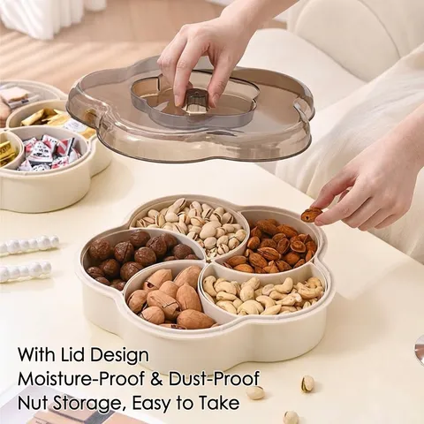 Caja de Frutas Secas Dividida en Forma de Flor Bandeja de Almacenamiento de Plástico Con Tapa Estilo Chino Organizador de Dulces