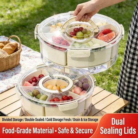 Caja de Almacenamiento de Alimentos para Refrigerador Contenedor de Frutas Dividido Con Asa Bandeja de Plástico Sellada para Picnic y Cocina