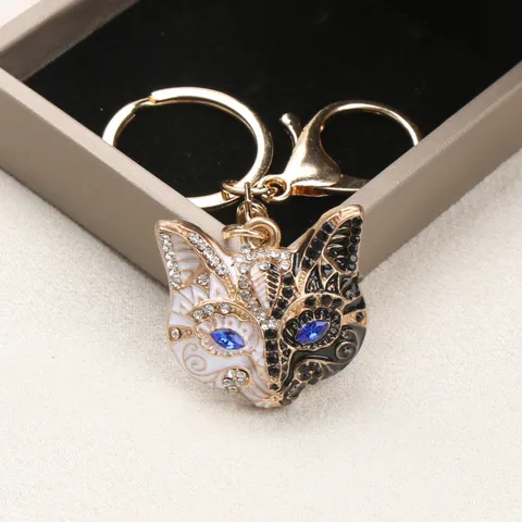 Vintage Fox Mask Keychain Alloy Rhinestone Enamel Bag Pendant Animal Fashion Key Ring Jewelry Gift For Women