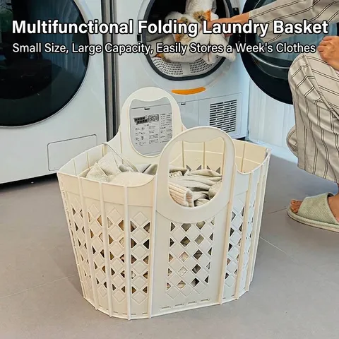 Foldable Laundry Basket Large Capacity Plastic Mesh Hollow Laundry Hamper With Handles For Bathroom Home Clothes Storage