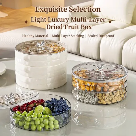 Multi-Layer Round Candy Box With Butterfly Handle Compartmented Plastic Sealed Fruit Plate For Living Room Nut Snack Storage Box