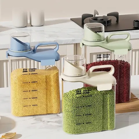 Airtight Food Grade Sealed Jar Transparent Grain Storage Container With Handle And Measuring Cup Lid Kitchen Flour Box Organizer