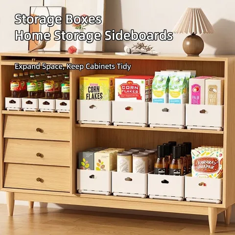 Expandable Storage Box Kitchen Cabinet Organizer Drawer Divider Plastic Pantry Food Storage Bin Adjustable Rectangular Snack