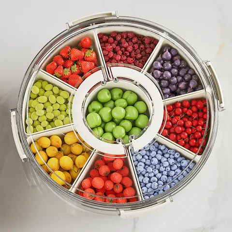 Caja De Almacenamiento De Alimentos Dividida Giratoria Con Asa Bandeja De Servicio Clara Redonda Para Frutas Secas Snacks Cocina