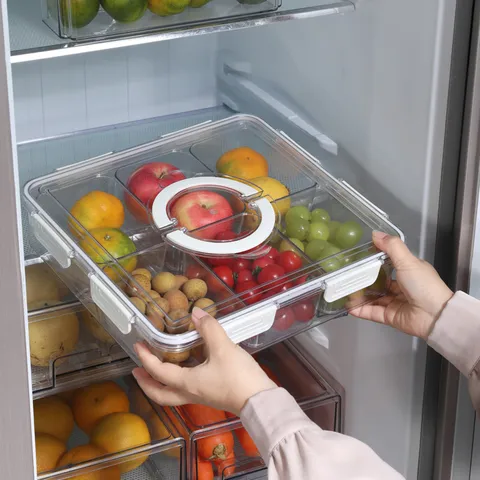 Tragbare Kühlschrank Aufbewahrungsbox Mit Deckel Versiegelte Multi-Gitter Obstplatte Küche Frischhaltung Transparenter Kunststoffbehälter