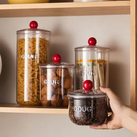 Airtight Coffee Bean Storage Jar With Red Ball Handle Sealed PET Food Container For Tea Nuts Kitchen Organization Modern Home Decor