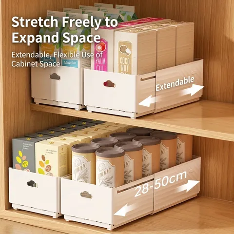 Expandable Storage Box Kitchen Cabinet Organizer Drawer Divider Plastic Pantry Food Storage Bin Adjustable Rectangular Snack