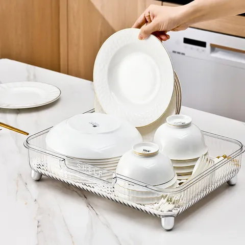 Nordic Luxury Transparent Cup Draining Rack Plastic Kitchen Countertop Storage Shelf With Electroplated Feet And Drain Tray