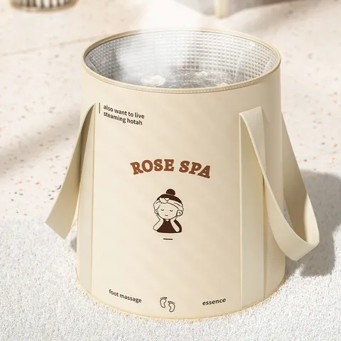 Foldable Foot Bath Basin Portable Insulated Soaking Bag Deep Bucket For Home Travel Rose Spa Cartoon Print Beige Pink