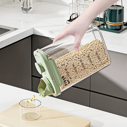 Transparent Plastic Sealed Food Storage Container Cereal Grain Rice Bucket With Measuring Cup Lid Moisture Proof Storage Jar Kitchen Organizer