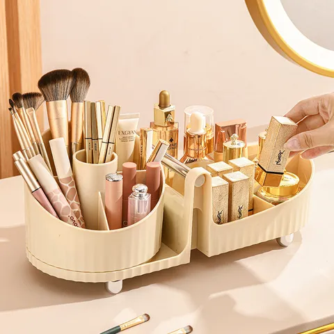 360 Rotating Makeup Brush Organizer Multi-Compartment Cosmetic Storage Box With Handle Lipstick Rack For Dressing Table
