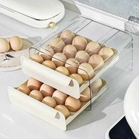 Caja de Almacenamiento de Huevos de Doble Capa Tipo Cajón Organizador de Refrigerador Transparente Contenedor de Plástico Cocina
