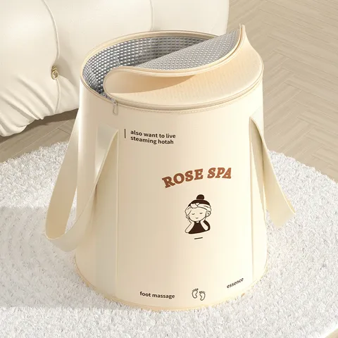 Foldable Foot Bath Basin Portable Insulated Soaking Bag Deep Bucket For Home Travel Rose Spa Cartoon Print Beige Pink