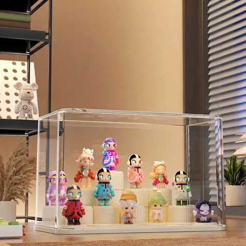 Transparent PET ABS Blind Box Display Case With DIY Building Block Base Dustproof Stackable Action Figure Storage Box Home Desk Organizer