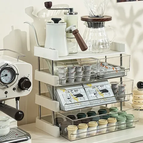 Cream White Multi-Layer Desktop Storage Rack With Transparent Drawers For Coffee Tea Bag Snack Office Storage Organizer