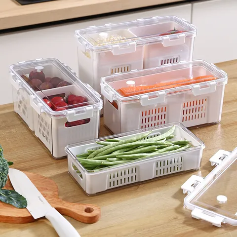 Refrigerator Drain Storage Box Food Grade Fresh Keeping Box With Lid Draining Basket Kitchen Fruit Vegetable Organizer Plastic Food Container