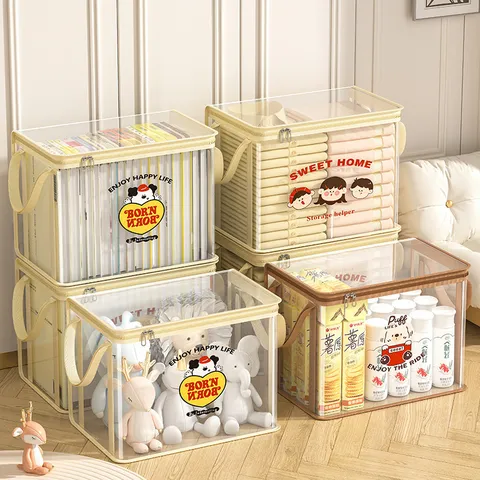 Foldable Thickened PVC Transparent Storage Bag Cartoon Print Dustproof Book Organizer Box For Student Dormitory Home Household Storage Bag