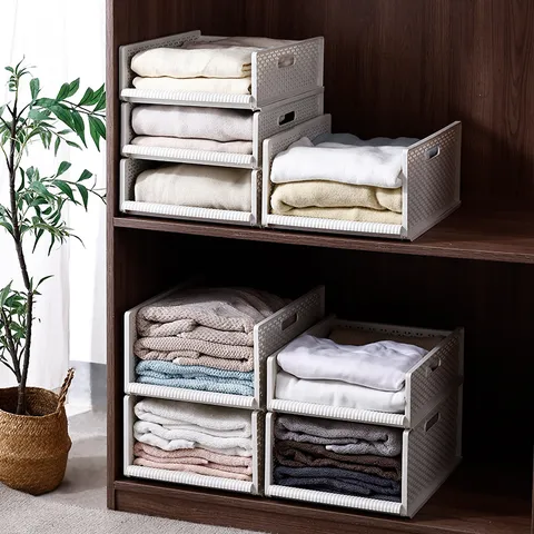 Stackable Drawer Clothes Storage Box Foldable Plastic Wardrobe Organizer For Sweaters Underwear Closet Shelf Divider White