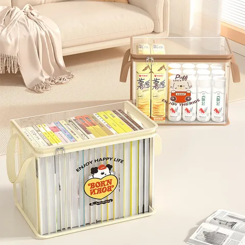 Foldable Thickened PVC Transparent Storage Bag Cartoon Print Dustproof Book Organizer Box For Student Dormitory Home Household Storage Bag