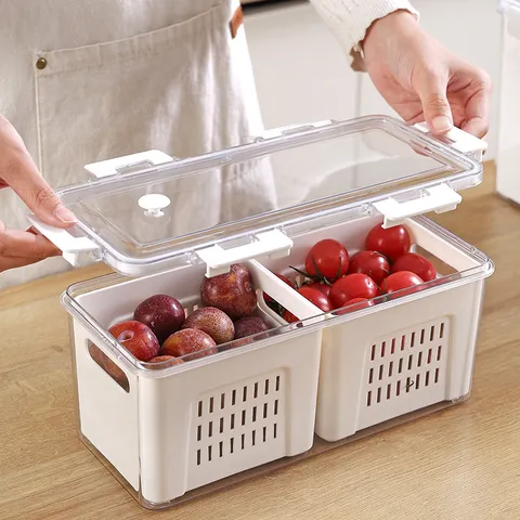 Refrigerator Drain Storage Box Food Grade Fresh Keeping Box With Lid Draining Basket Kitchen Fruit Vegetable Organizer Plastic Food Container