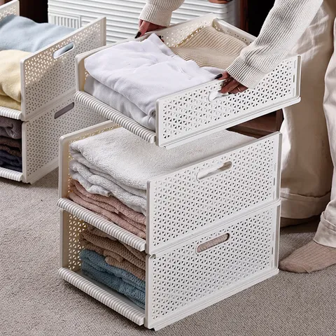 Stackable Drawer Clothes Storage Box Foldable Plastic Wardrobe Organizer For Sweaters Underwear Closet Shelf Divider White