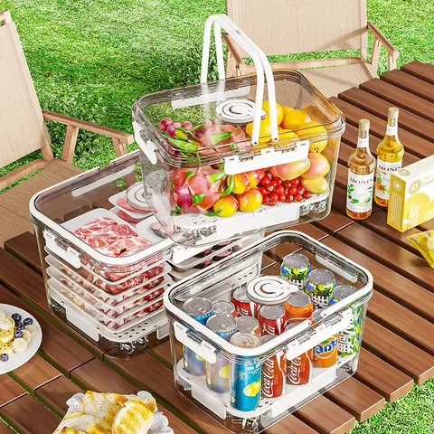 Boîte de Conservation Alimentaire Portable pour Camping Extérieur Transparent avec Poignée Double Couche en Plastique pour Pique-nique Cuisine