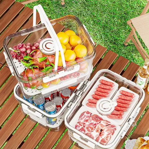 Boîte de Conservation Alimentaire Portable pour Camping Extérieur Transparent avec Poignée Double Couche en Plastique pour Pique-nique Cuisine