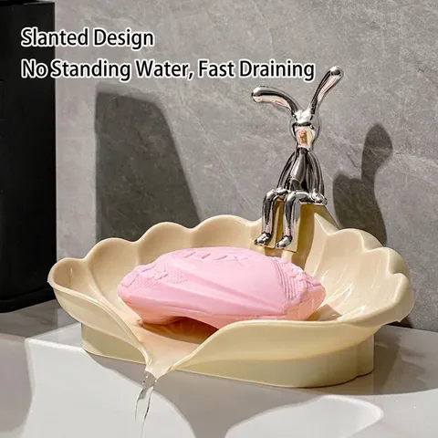 Creative Shell Shaped Self Draining Soap Dish Plastic Soap Holder With Cute Animal Bear Rabbit Decoration For Bathroom Shower