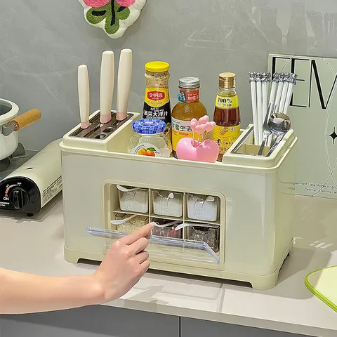 Multifunctional Stainless Steel Kitchen Organizer Rack Countertop Spice Shelf Knife Holder Seasoning Storage Box Cabinet Pantry Rack