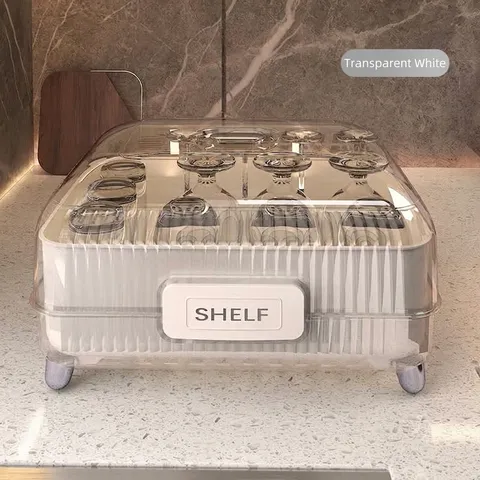 Kitchen Dish Drying Rack With Dustproof Transparent Cover Tabletop Tableware Storage Box Drainer For Bowl Plate Cup Plastic Storage Rack