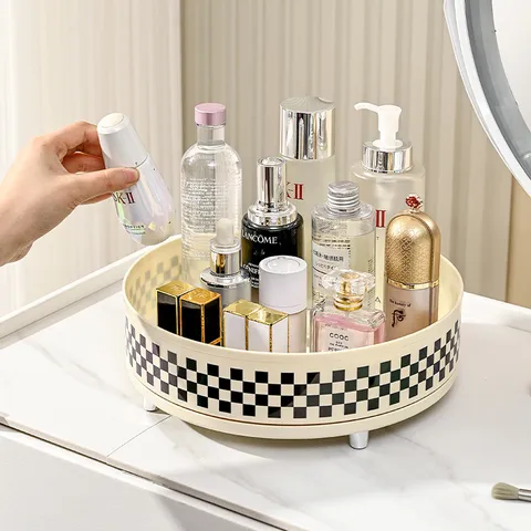 Rotating Storage Tray Plastic Checkerboard Cosmetic Organizer Round Spice Rack For Kitchen Bathroom Desk Skincare Holder