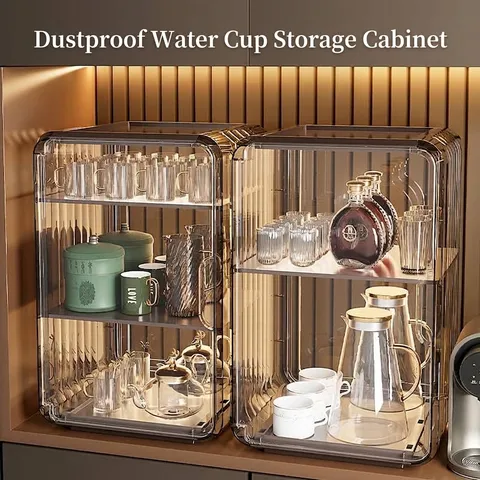 Luxury Transparent Cup Storage Rack Stackable Dustproof Cabinet Cosmetic Organizer PS Plastic Desktop Display Shelf For Office Kitchen Home