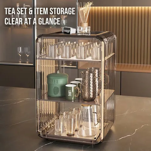 Luxury Transparent Cup Storage Rack Stackable Dustproof Cabinet Cosmetic Organizer PS Plastic Desktop Display Shelf For Office Kitchen Home