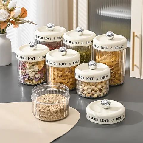 Light Luxury Ribbed Plastic Airtight Storage Jar With Round Ball Handle Lid Transparent Food Grain Snack Container Home Kitchen