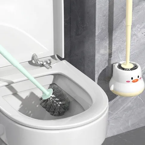 Cute Cartoon Chick Shaped Toilet Brush Set Wall Mounted Long Handle Bathroom Cleaning Tool With Drainage Holder Base