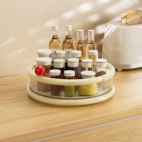 Rotierendes Gewürzregal Küchenarbeitsplatte Organizer Tablett Creme Gestreifte Aufbewahrungsbox Für Gewürzgläser Flaschen Öl Essig