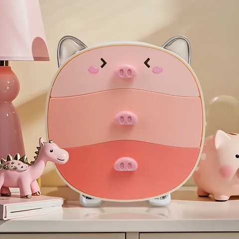 Cute Cartoon Pig Desktop Makeup Storage Box Dustproof 3 Layer Drawer Cosmetic Organizer Jewelry Storage Cabinet Plastic PP Desktop Decor