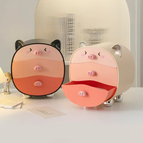 Cute Cartoon Pig Desktop Makeup Storage Box Dustproof 3 Layer Drawer Cosmetic Organizer Jewelry Storage Cabinet Plastic PP Desktop Decor
