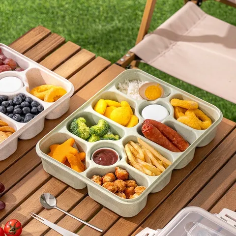 Wheat Straw Divided Lunch Box Multi-Compartment Portable Food Storage Container With Lid Microwave Safe For Office School Meals