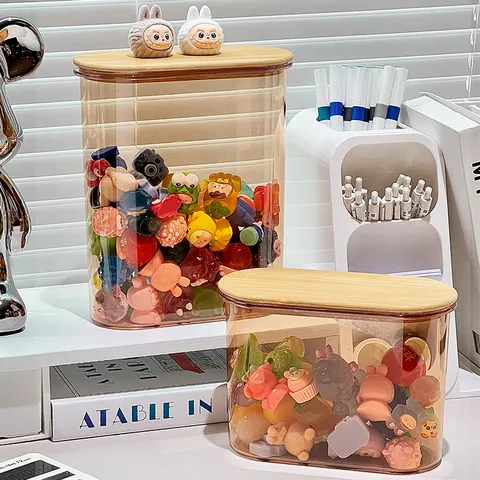 Transparent Acrylic Storage Jar With Bamboo Lid Stackable Figure Display Case Sealed Blind Box Organizer For Desktop Toy Storage