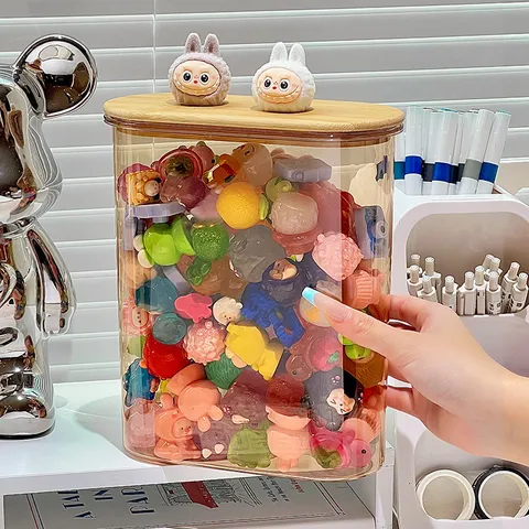 Transparent Acrylic Storage Jar With Bamboo Lid Stackable Figure Display Case Sealed Blind Box Organizer For Desktop Toy Storage