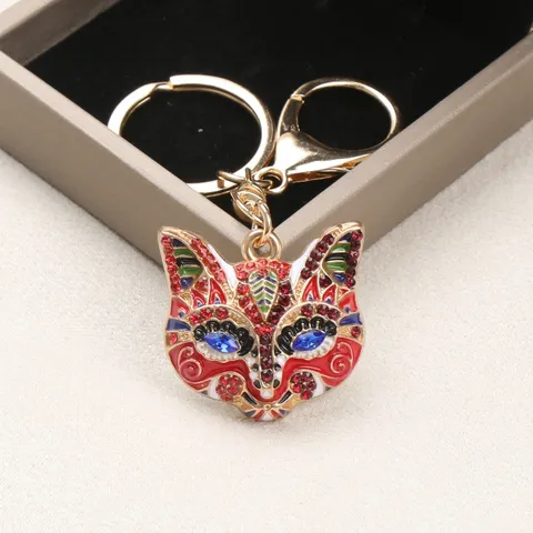 Vintage Fox Mask Keychain Alloy Rhinestone Enamel Bag Pendant Animal Fashion Key Ring Jewelry Gift For Women
